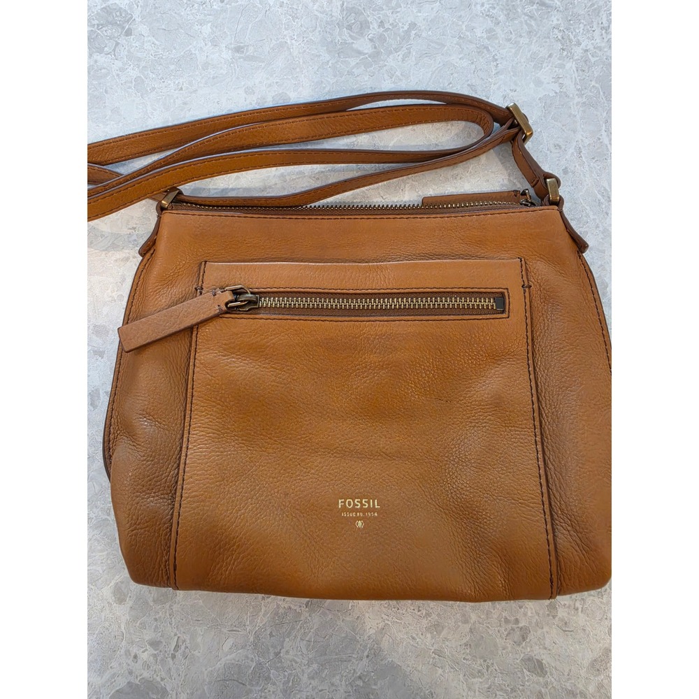 Fossil Brown Pebbled Leather Crossbody Bag Cognac Small Messenger Purse